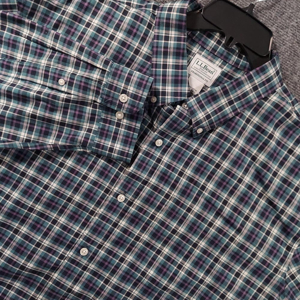 L.L. Bean Shirt Mens 2XLT Blue Plaid Long Sleeve Button Down Traditional Fit